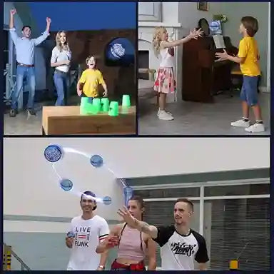 Four different scenes showing people interacting with various objects and activities.