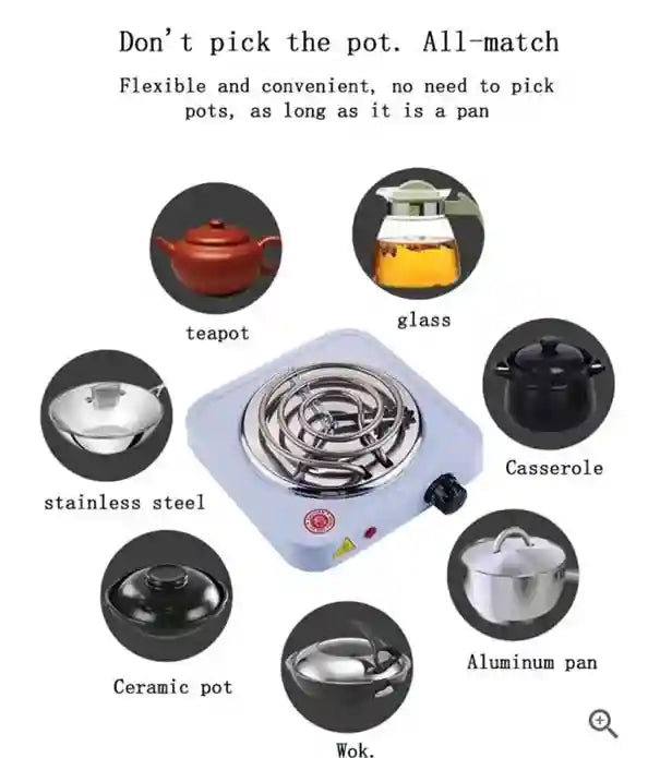 Single burner stove with compatibility icons for various cookware types on a white background.