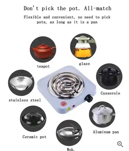 Single burner stove with compatibility icons for various cookware types on a white background.