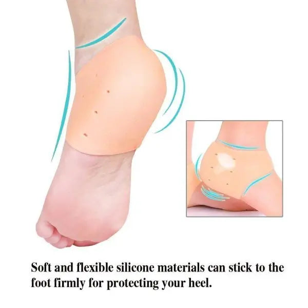 Silicone heel protector being worn on a foot with text describing its use.