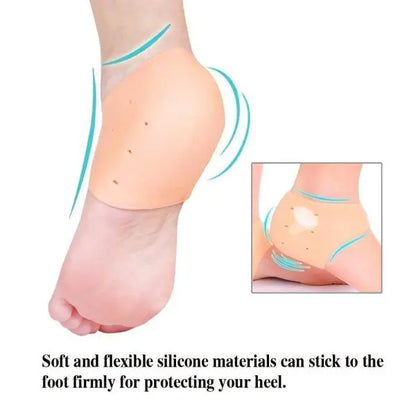 Silicone heel protector being worn on a foot with text describing its use.