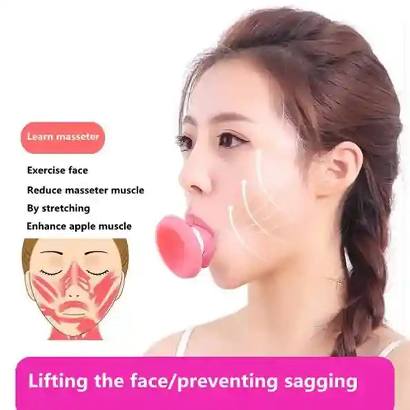 Woman using a pink facial exercise device with instructional text on a white background