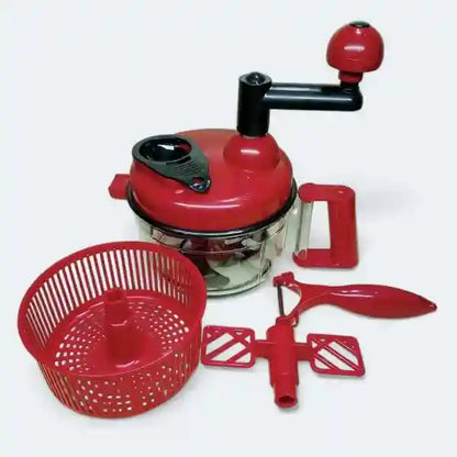 Red manual juicer with components on a white background