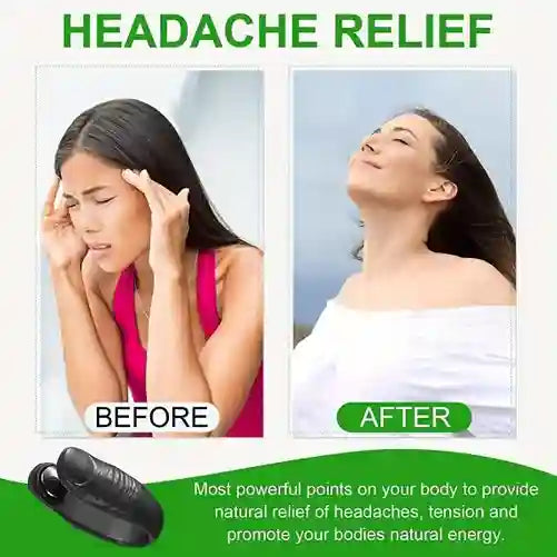 Before and after comparison of a woman with headache relief device, with text about relieving headaches and tension.