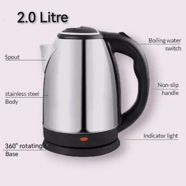 Stainless steel electric kettle with labeled features on a white background