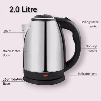 Stainless steel electric kettle with labeled features on a white background