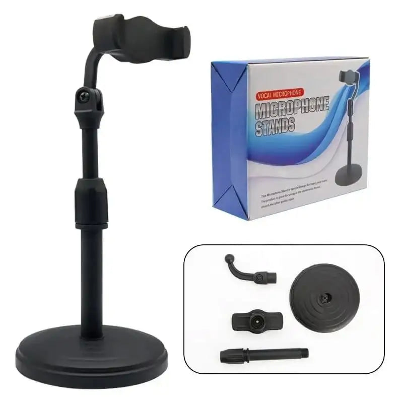 Black microphone stand with packaging and additional parts on a white background