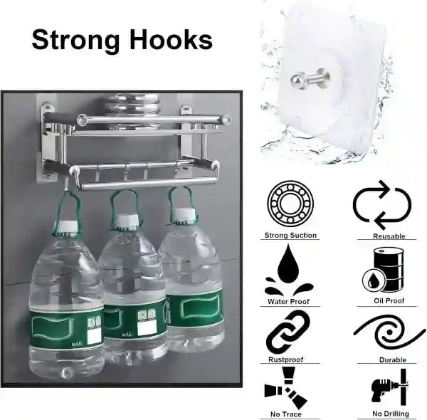 Wall-mounted bottle holder with strong hooks, showing its ability to hold water bottles and other items.