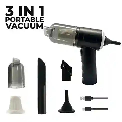 3-in-1 portable vacuum cleaner with attachments on a white background