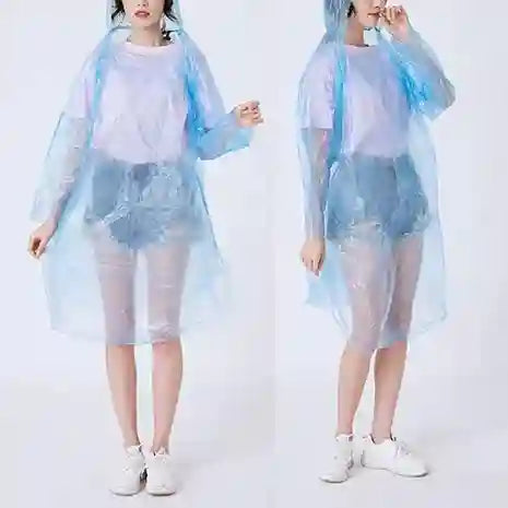 Person wearing a transparent blue raincoat on a white background