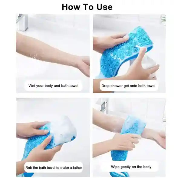 Step-by-step guide on how to use a bath towel with shower gel, shown in four panels.