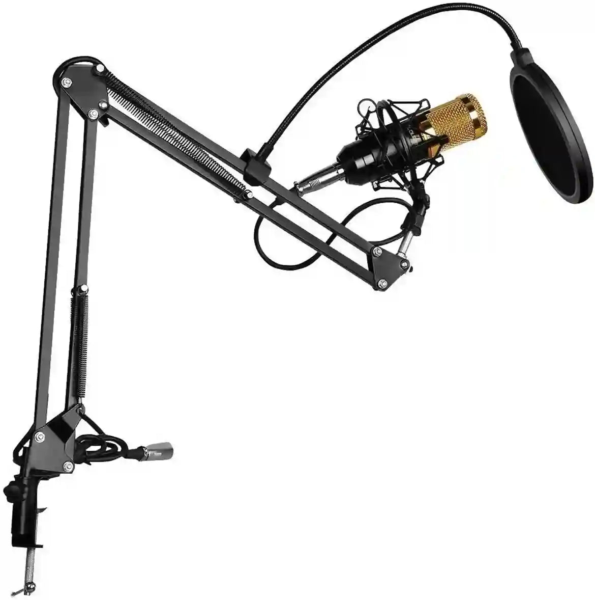 Microphone with gold capsule on a black adjustable arm stand against a white background