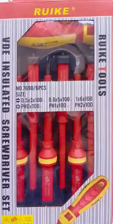 Packaged RUIKE insulated screwdriver set with red and yellow handles.