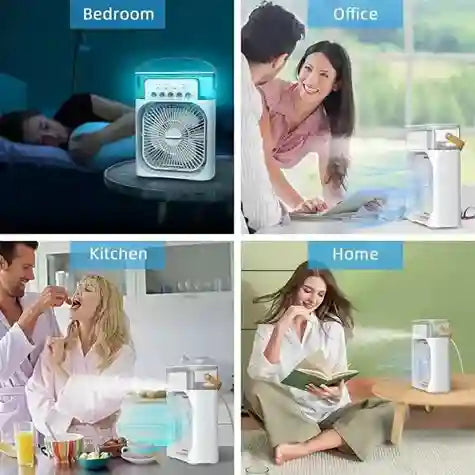Fan used in various settings including bedroom, office, kitchen, and home.