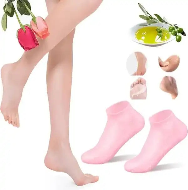 Person wearing pink socks with foot care images and roses on a white background