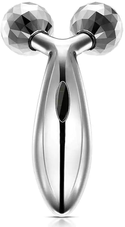 Silver facial roller with gemstone-like ends on a white background