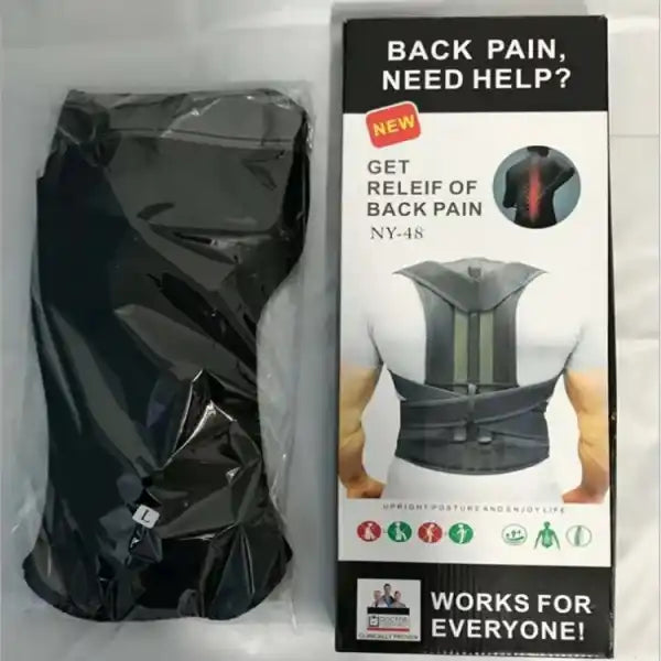 Back pain relief device packaging with a black bag on a white background