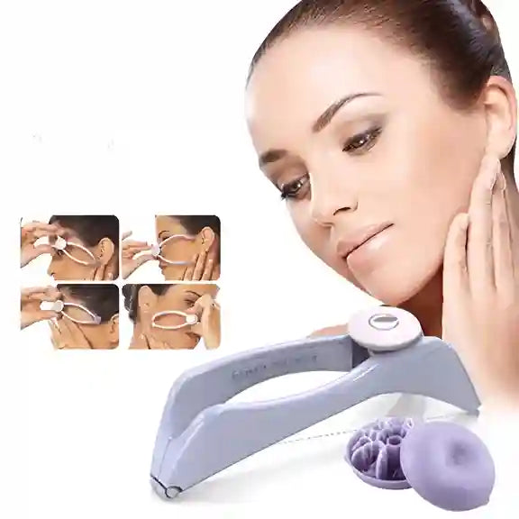 Woman using a facial massager with inset images showing usage on a white background
