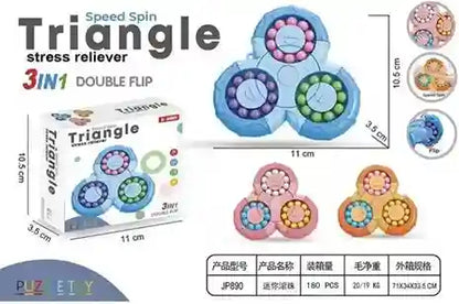 Triangle stress reliever toy with packaging and specifications on a white background