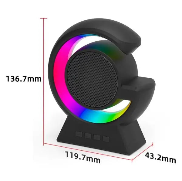 Black speaker with RGB lighting and measurements on a white background