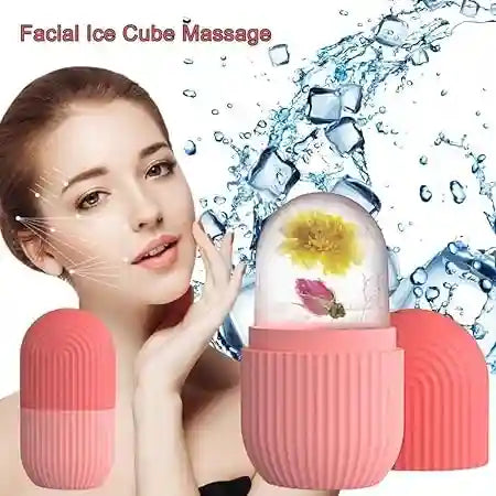Facial ice cube massage tool with a woman using it, surrounded by ice cubes and water droplets.