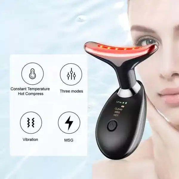 Facial massager with features on a light blue background