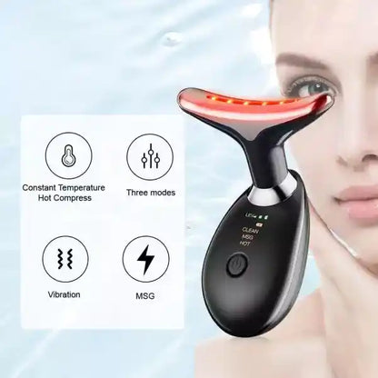 Facial massager with features on a light blue background