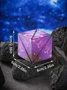 Purple crystal cube on dark rocks with measurements indicated