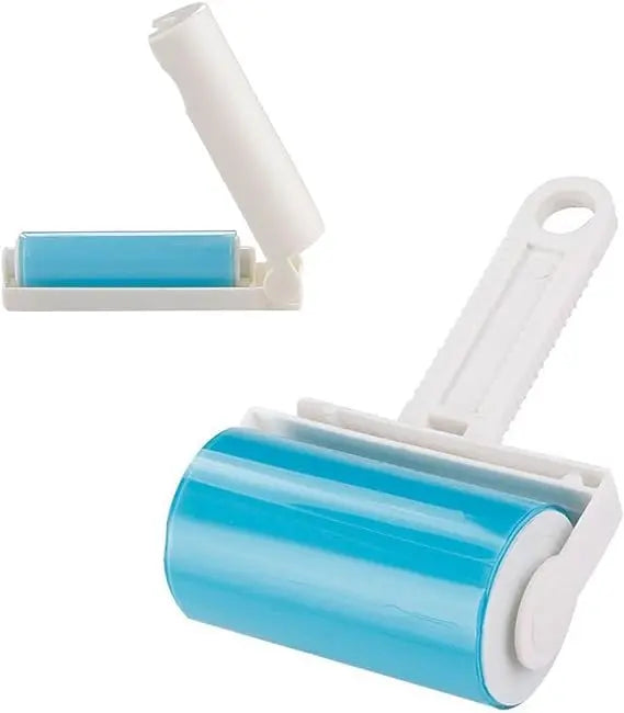 Blue and white roller cleaning tool on a white background