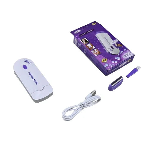 Hair removal device with packaging, cable, and additional attachments on a white background