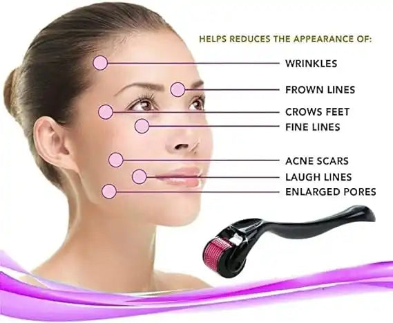 Facial roller device with labeled benefits on a woman's face