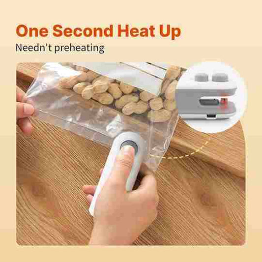 Hand using a handheld vacuum sealer to seal a bag of almonds on a wooden surface.