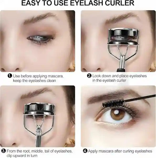 Instructions on using an eyelash curler with close-up shots of an eye and curler.