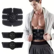Man wearing an electronic muscle stimulator device with additional attachments on a white background