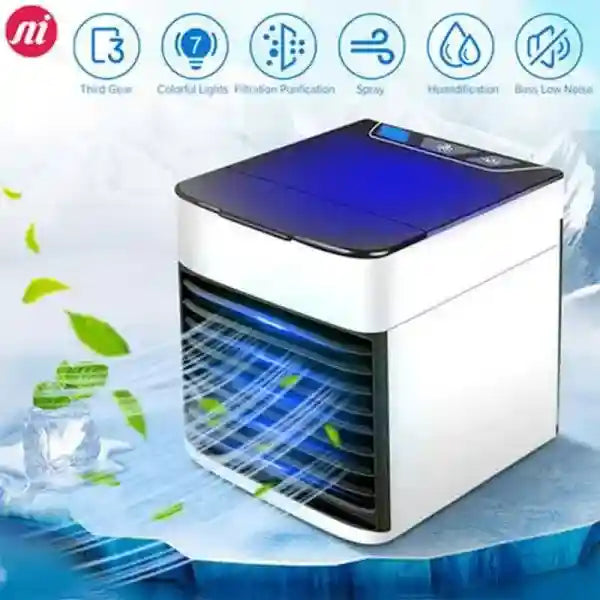 Portable air cooler with features and icons on a blue background