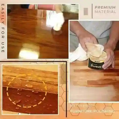 Collage of a person applying wax to a wooden surface with text about premium material and easy use.