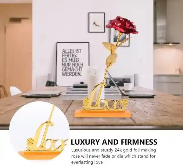 Decorative gold rose on a table with text about luxury and firmness.