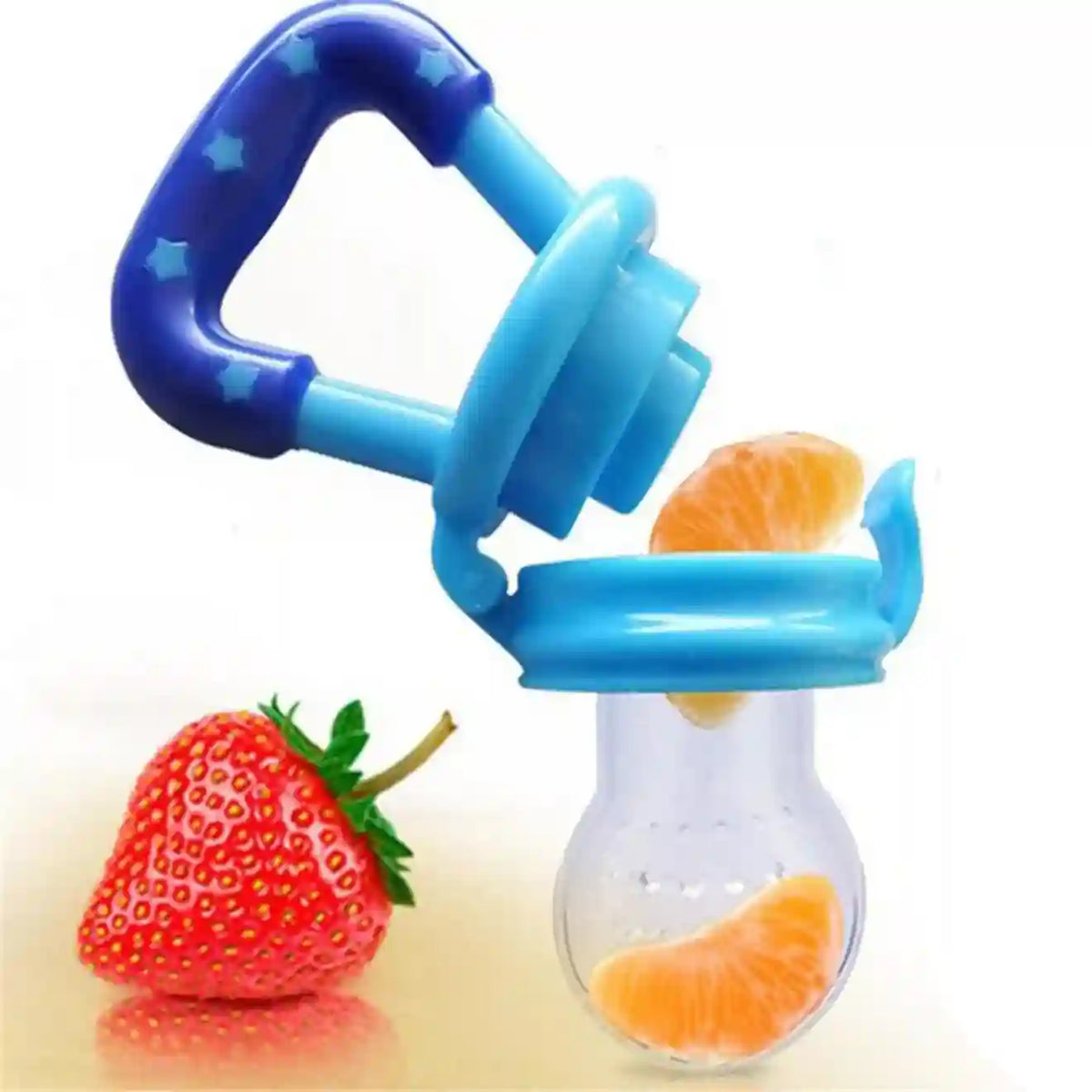 Baby fruit feeder with blue handle and clear container filled with orange slices, next to a strawberry on a white background.