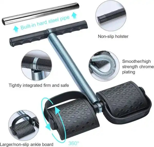 Product with features highlighted, including a hard steel pipe, non-slip holster, and ankle board.