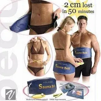 Advertisement for Velfors Sauna Belt showing weight loss results and product packaging.