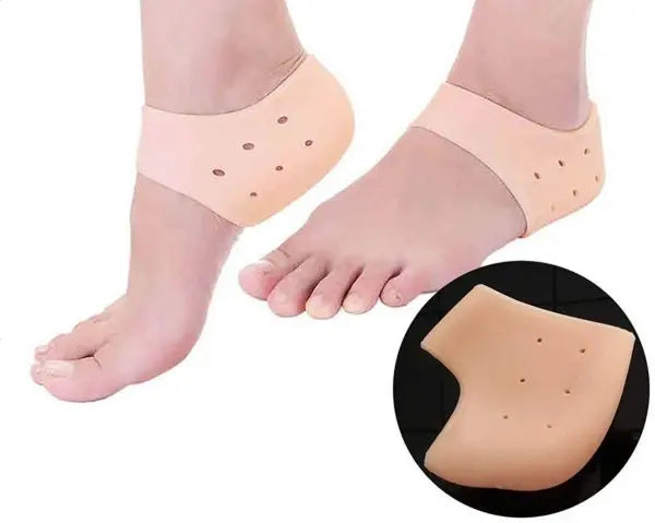 Transparent silicone foot pads on feet with a close-up inset showing the product detail.