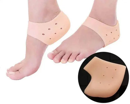 Transparent silicone foot pads on feet with a close-up inset showing the product detail.