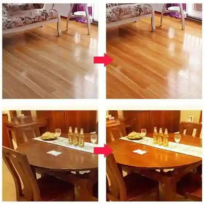 Before and after comparison of a wooden floor and table set.