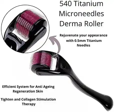 540 Titanium Microneedles Derma Roller with close-up of needles and text about its benefits.