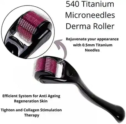 540 Titanium Microneedles Derma Roller with close-up of needles and text about its benefits.