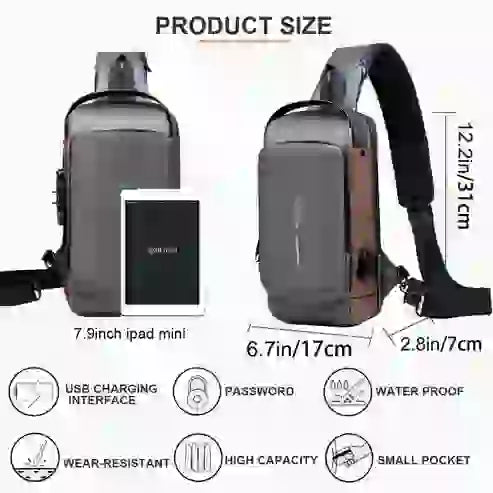 Gray shoulder bag with measurements and features listed on a white background