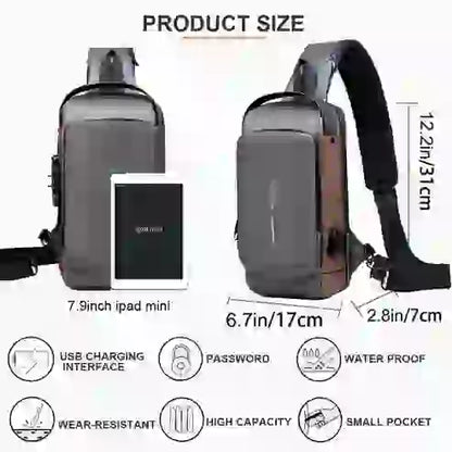 Gray shoulder bag with measurements and features listed on a white background