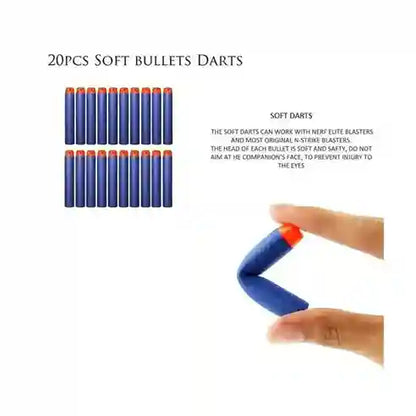 20pcs soft bullets darts with a hand holding one, on a white background.