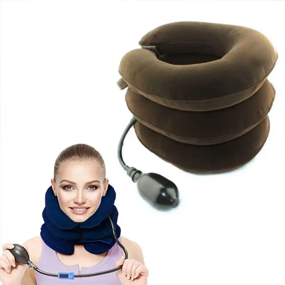 Inflatable neck pillow with pump and a woman wearing it on a white background