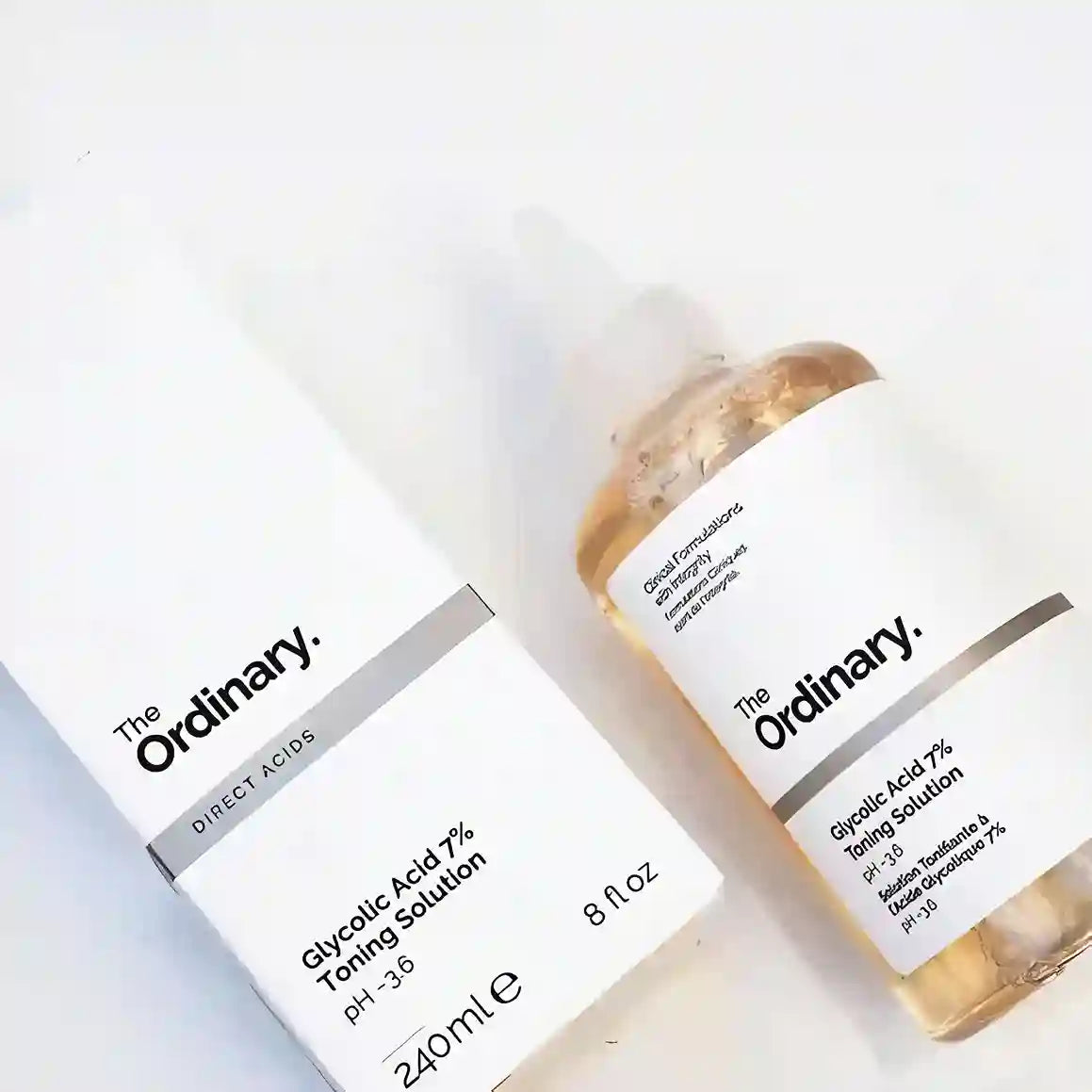 The Ordinary skincare solution bottle and packaging on a white background